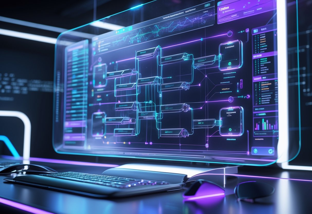 A futuristic digital workspace with a holographic display showing interconnected tournament brackets and AI data elements.
