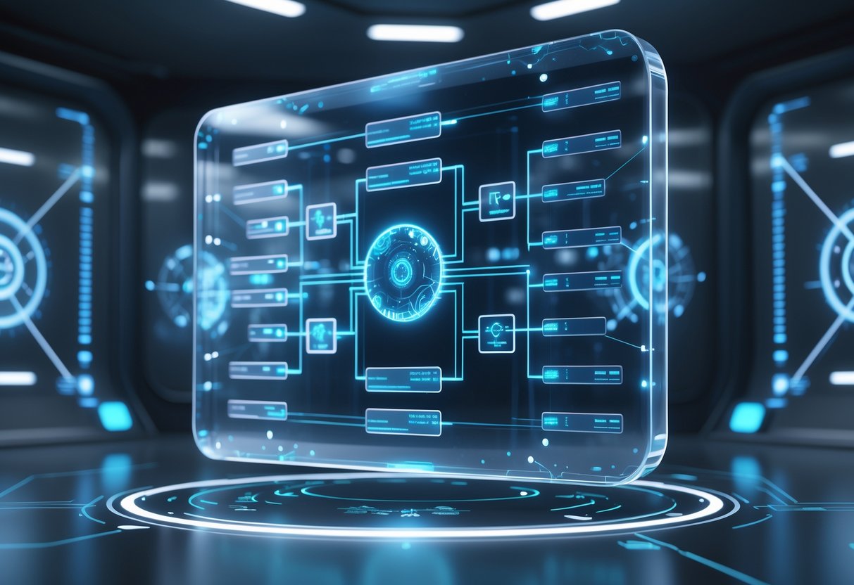 A 3D digital tournament bracket displayed as a glowing hologram with connected nodes and lines in a futuristic control room.