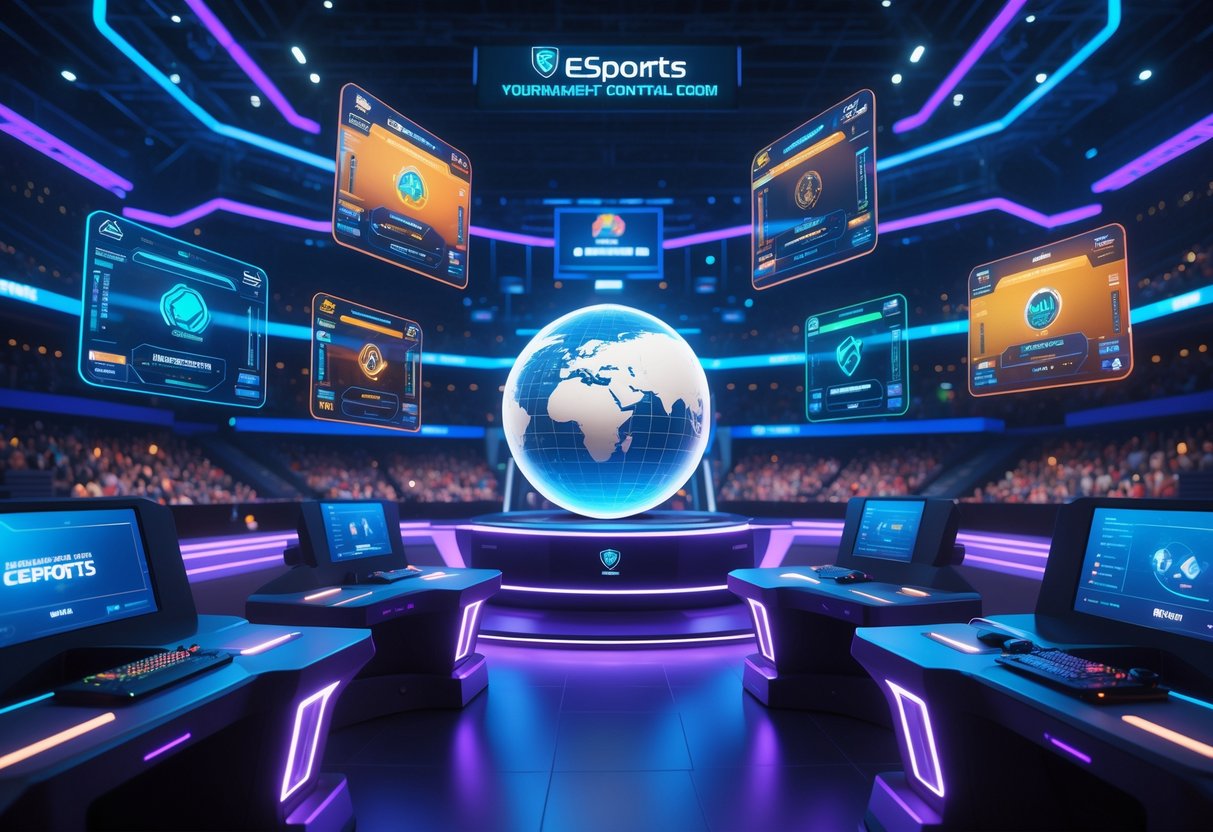 A 3D scene showing a futuristic esports tournament control room with holographic displays of different game formats and tournament brackets, a digital globe, high-tech consoles, and a large arena with cheering crowds in the background.