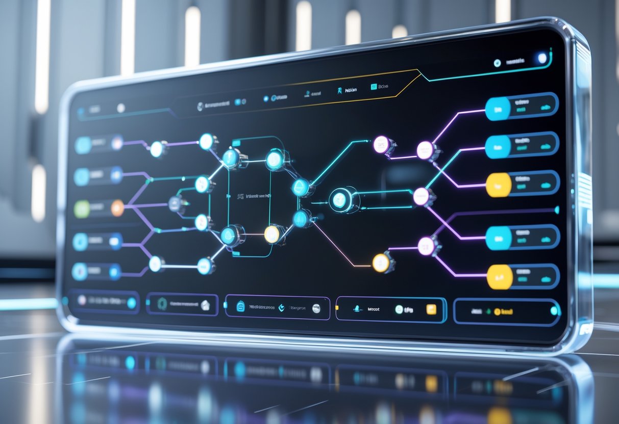A 3D digital tournament bracket with interconnected nodes and visual customisation controls in a high-tech environment.