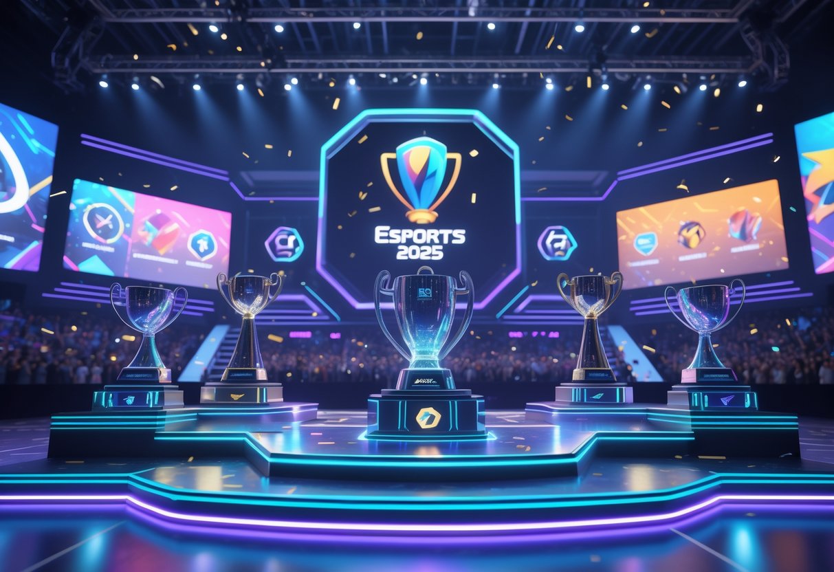 A futuristic esports stage with glowing trophies and holographic displays surrounded by a cheering crowd at a major gaming event.