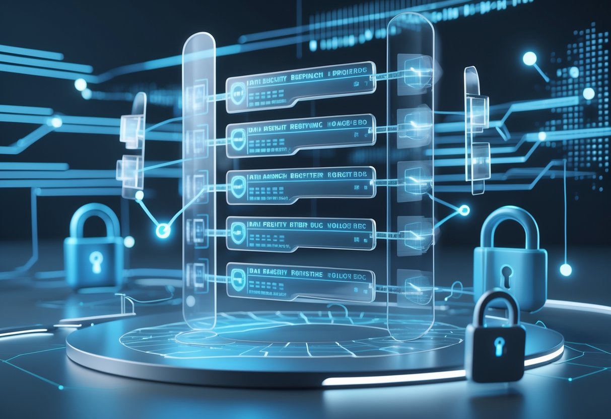 A 3D scene showing holographic tournament brackets protected by glowing digital shields and padlocks in a futuristic digital environment.