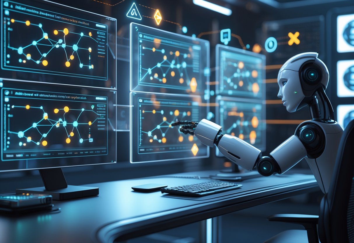 A futuristic workspace with holographic tournament brackets and a robotic arm pointing at a highlighted error node on a transparent screen.