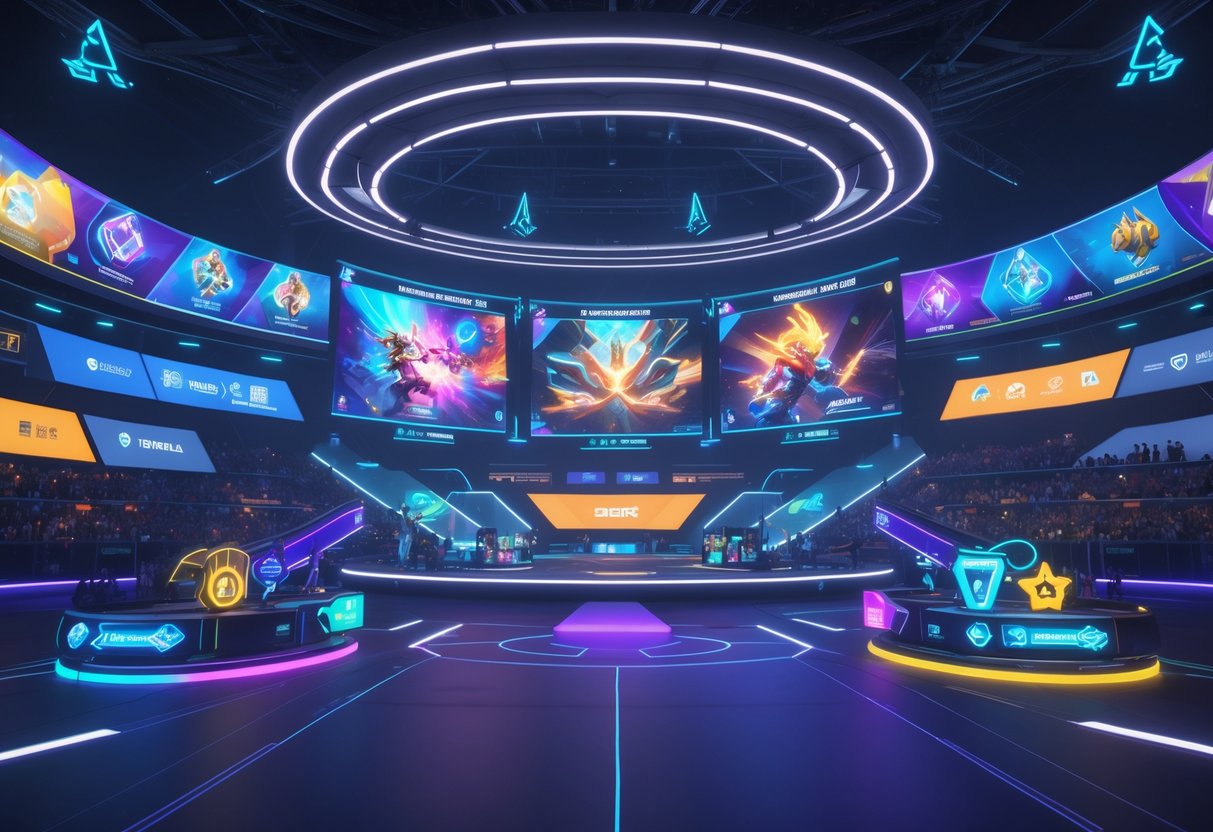 A 3D scene of a large esports arena filled with glowing screens and animated game characters, showing an intense multiplayer online battle arena event with a lively crowd and futuristic lighting.