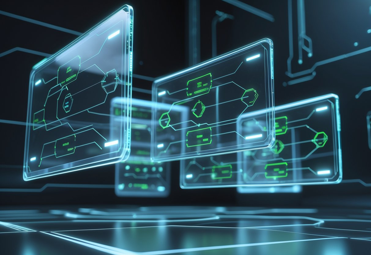 A 3D scene showing floating holographic screens displaying a digital tournament bracket with connected nodes and glowing lines in a dark tech environment.