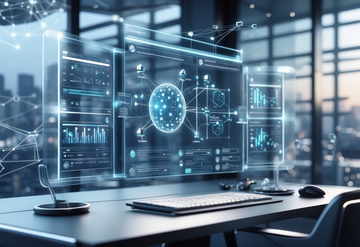A digital workspace with holographic interfaces displaying interconnected data nodes and analytics, set against a background of a futuristic cityscape with neural network patterns.