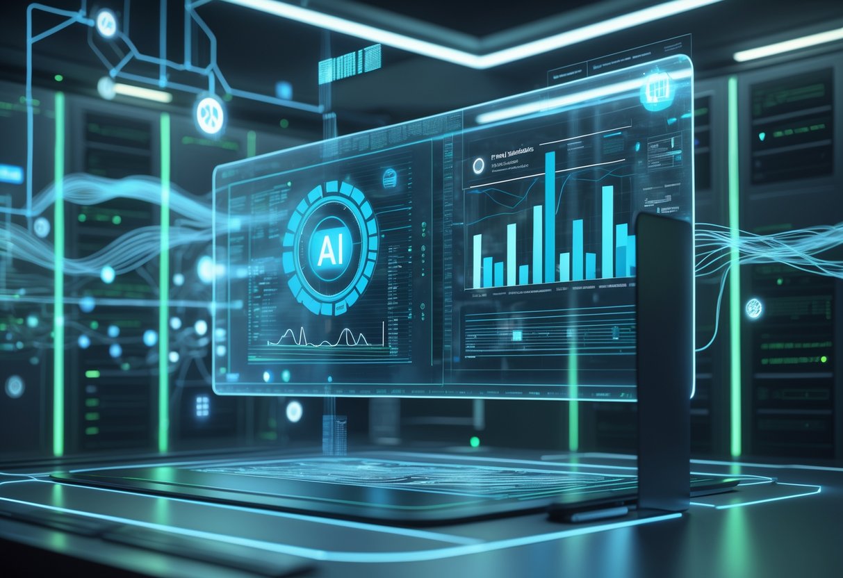 A futuristic digital workspace with holographic data displays, servers, and glowing network cables representing AI strategy tools and data infrastructure.