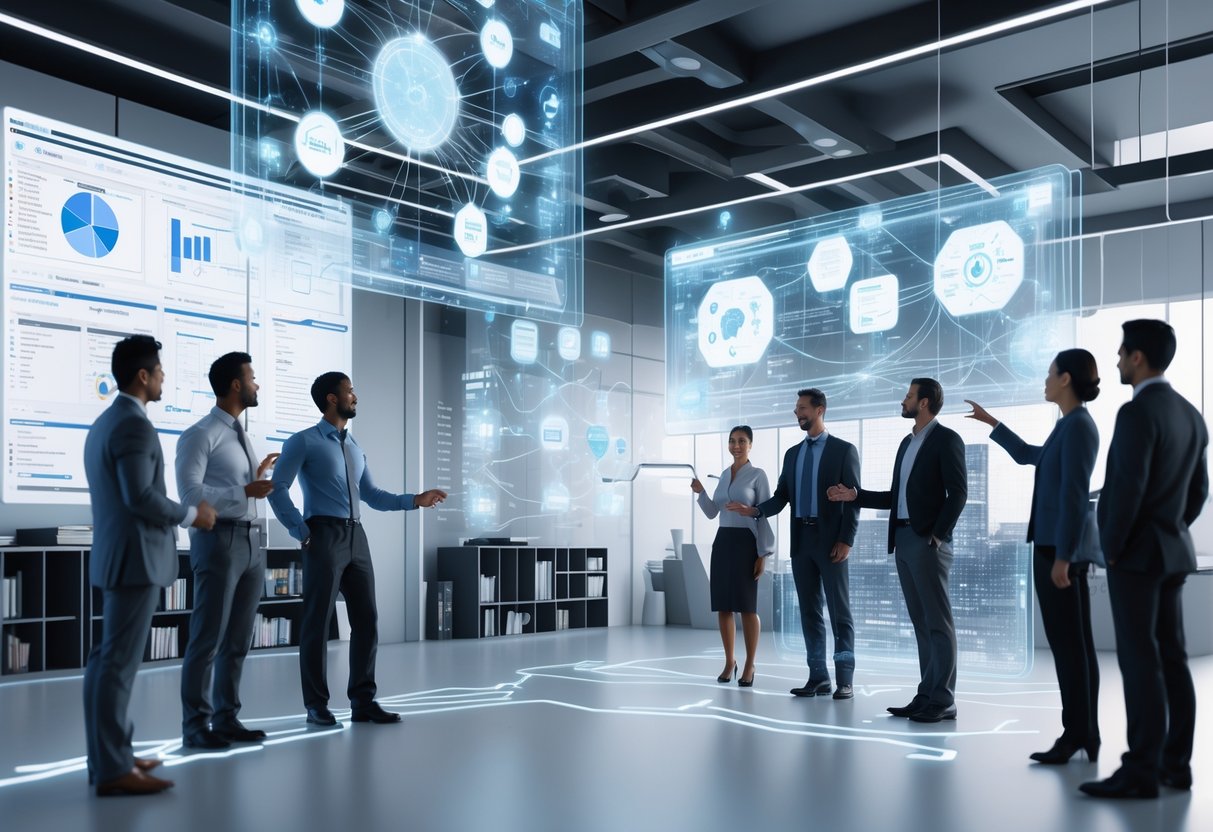 A modern office with people collaborating around floating digital screens showing data and charts related to AI strategy development.