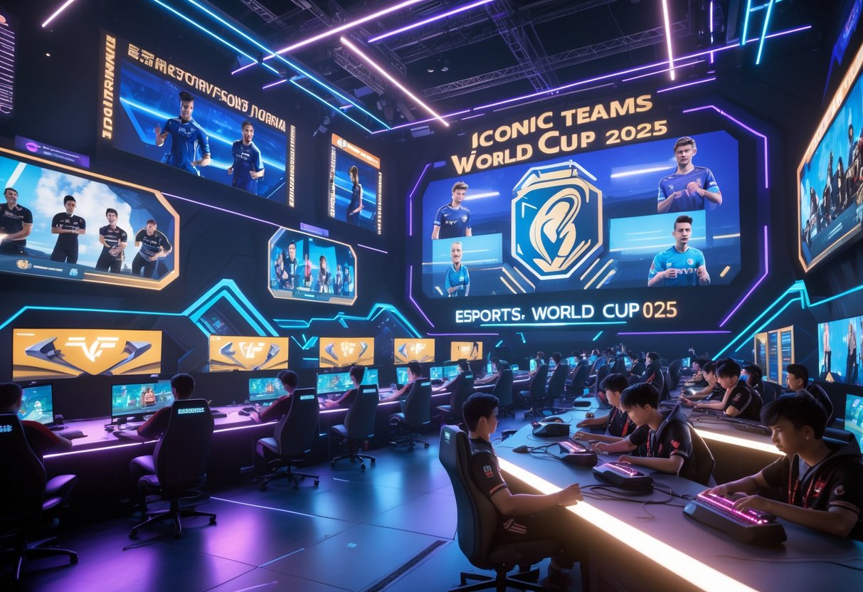 A 3D scene of an esports arena with players competing at gaming stations, surrounded by cheering crowds and large digital screens showing gameplay.