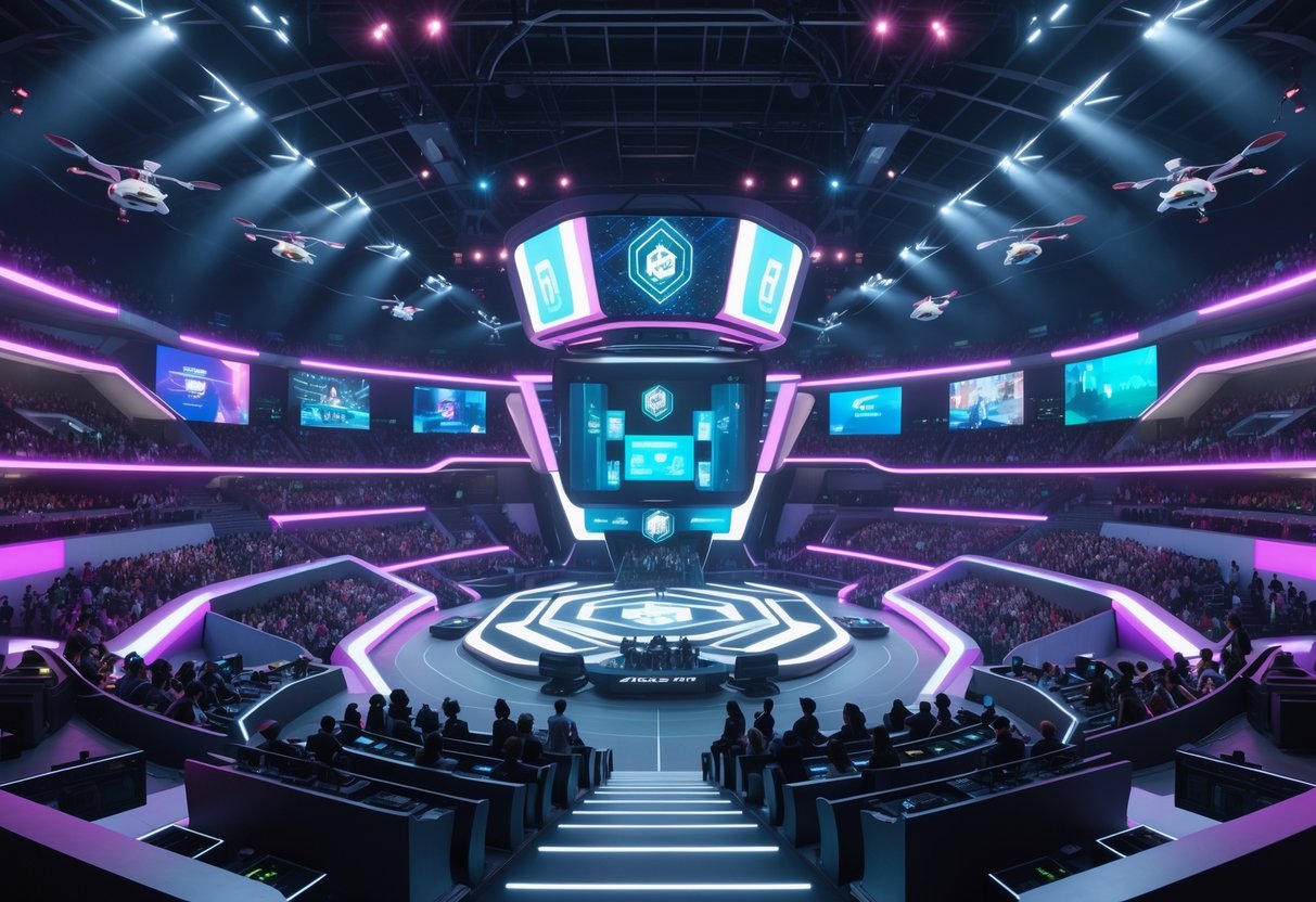 A large esports arena filled with spectators watching gaming competitions on multiple screens and a central stage with gaming setups.