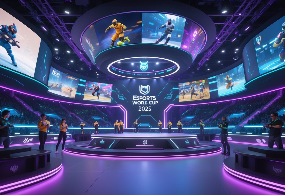 A futuristic esports arena with players competing on stage, large screens showing gameplay, and an excited audience watching the event.
