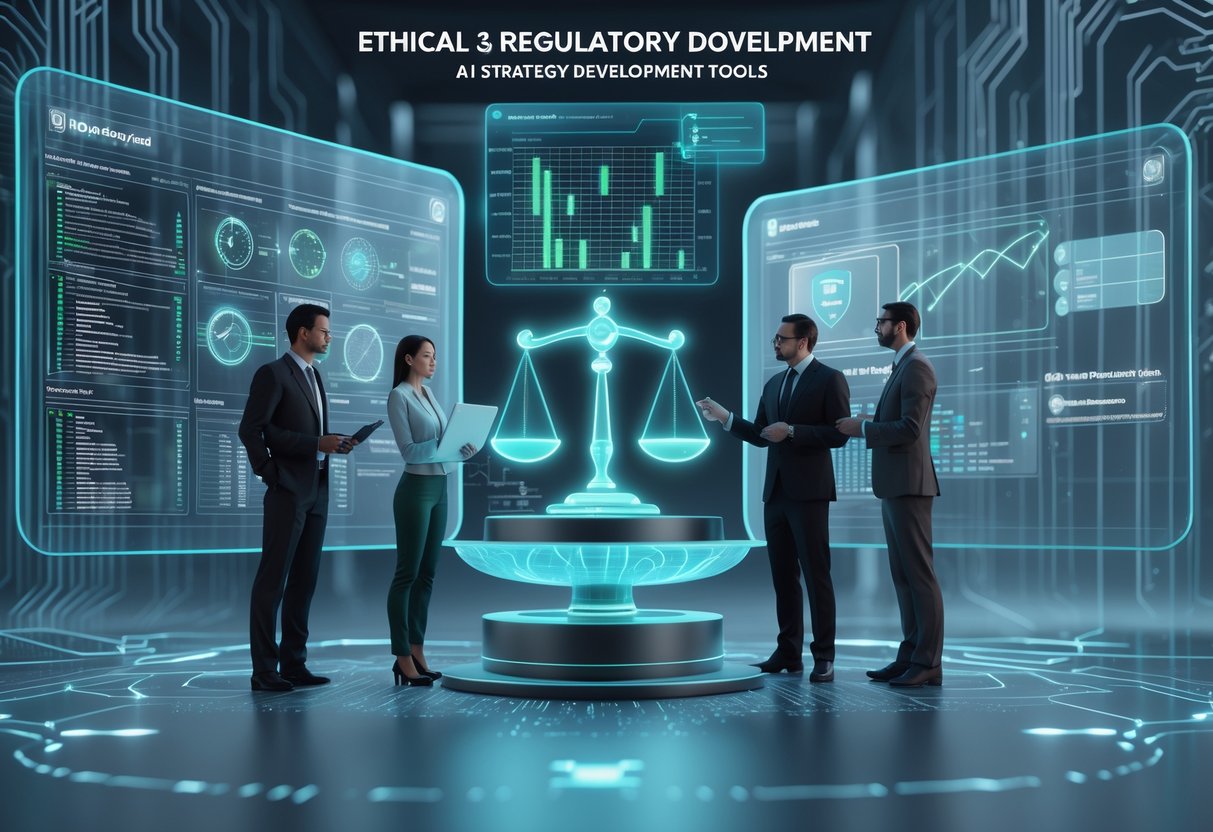 A futuristic digital workspace with holographic interfaces showing data and AI algorithms, a glowing balanced scale and digital shield symbolising ethics and regulation, and diverse professionals collaborating.