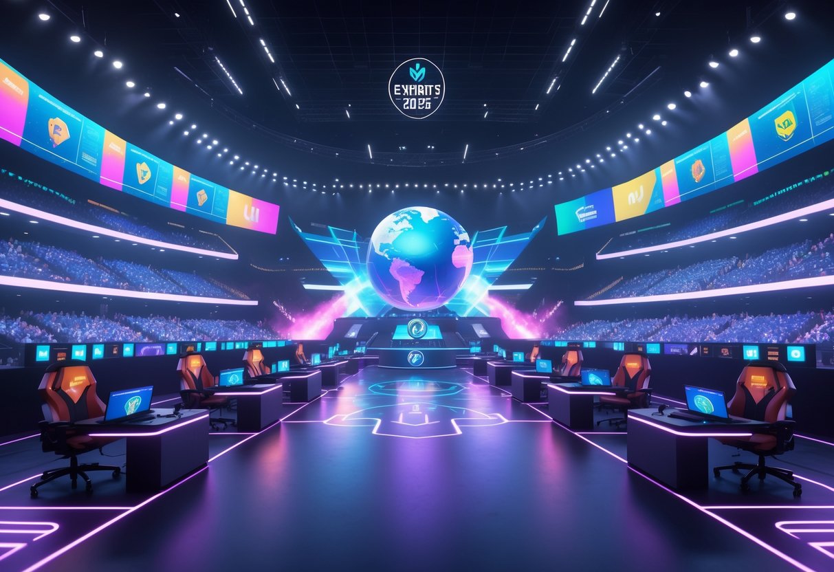 A futuristic esports arena with gaming stations, glowing screens, and colourful lights, showing a lively competition setup.