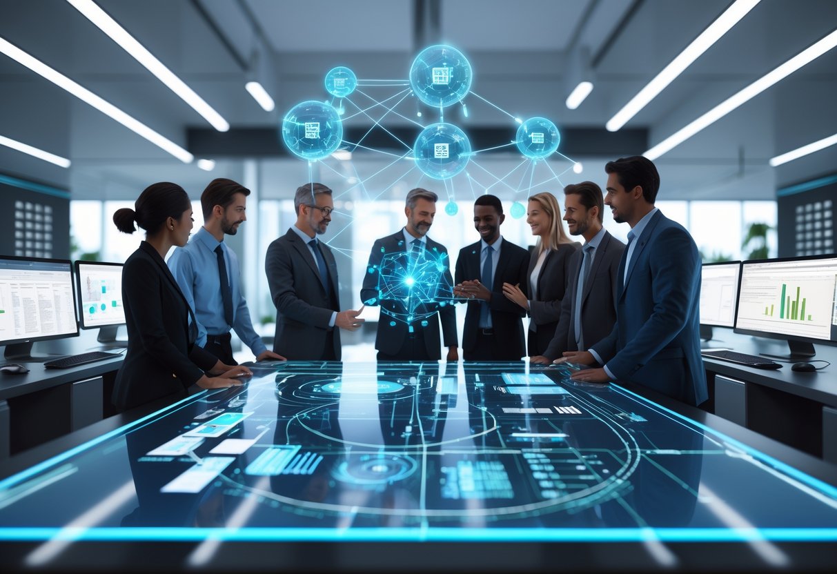 A group of professionals working together around a digital touchscreen table with holographic AI strategy diagrams and data visualisations in a modern office.