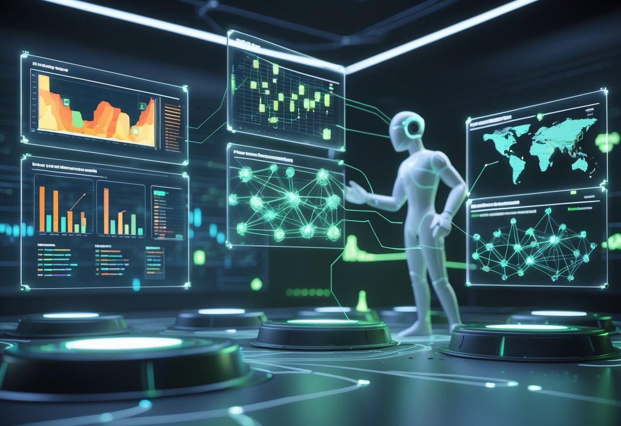 A futuristic control room with floating holographic screens showing player movement heatmaps, decision statistics, and interaction networks, with a humanoid AI figure analysing the data.