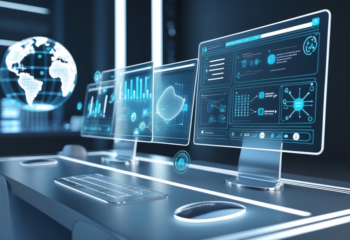 A futuristic workspace with holographic screens showing AI data and network diagrams above a modern desk.