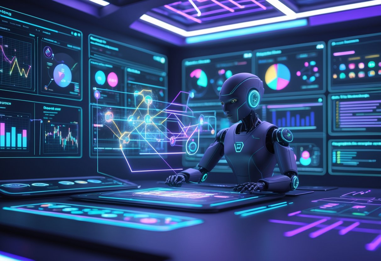 A futuristic digital control room with holographic screens showing AI analysis of player behaviour and engagement strategies, featuring a robot analysing data in a high-tech environment.
