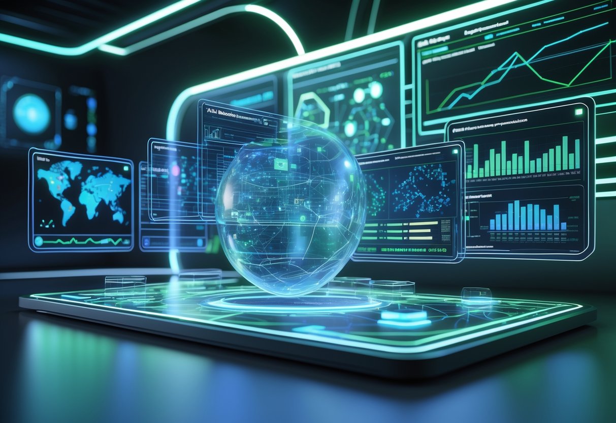A futuristic workspace with holographic charts and screens showing player behaviour and monetisation data analysis.
