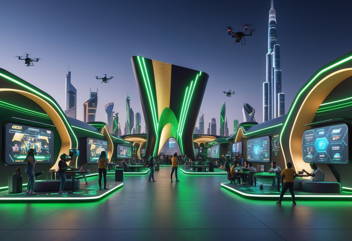 A futuristic gaming hub in Riyadh with gamers using VR headsets and holographic screens, set against a city skyline with advanced technology and neon lights.