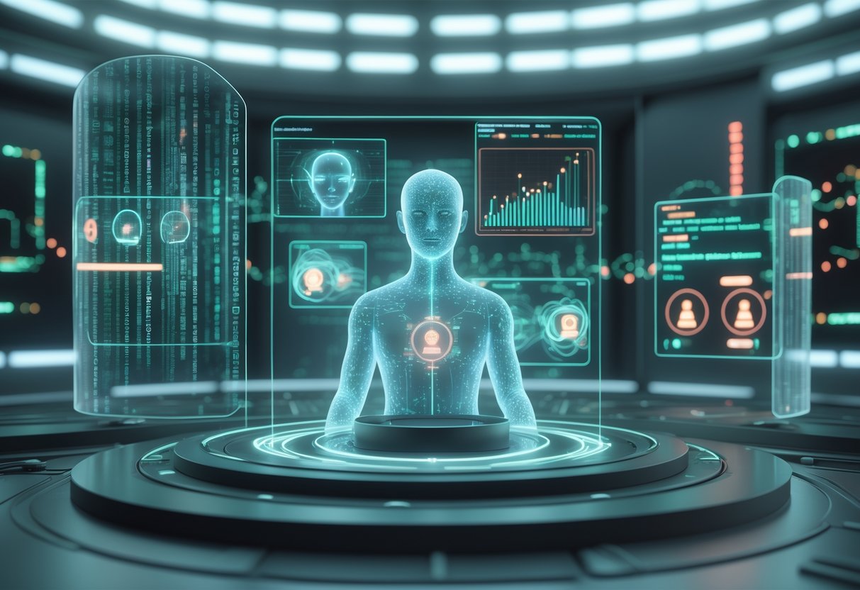 A futuristic digital scene showing a holographic human figure surrounded by data streams and protective shields, with AI interfaces analysing behaviour in a high-tech control room.