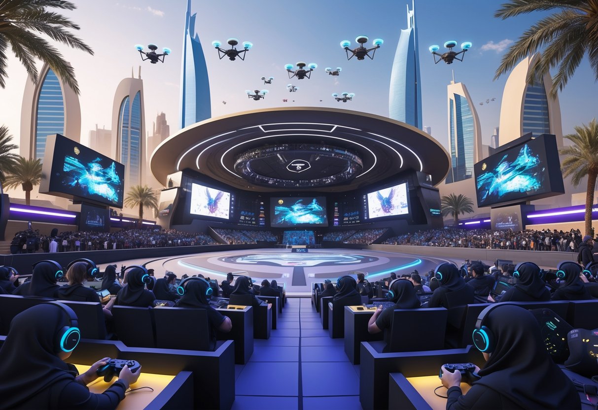 A futuristic esports arena in Riyadh surrounded by modern skyscrapers and palm trees, with gamers and spectators gathered for a major gaming event.