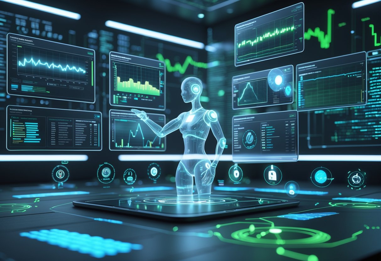 A futuristic control room with holographic screens showing player behaviour data and a transparent AI figure analysing it surrounded by digital data streams and analytics tools.