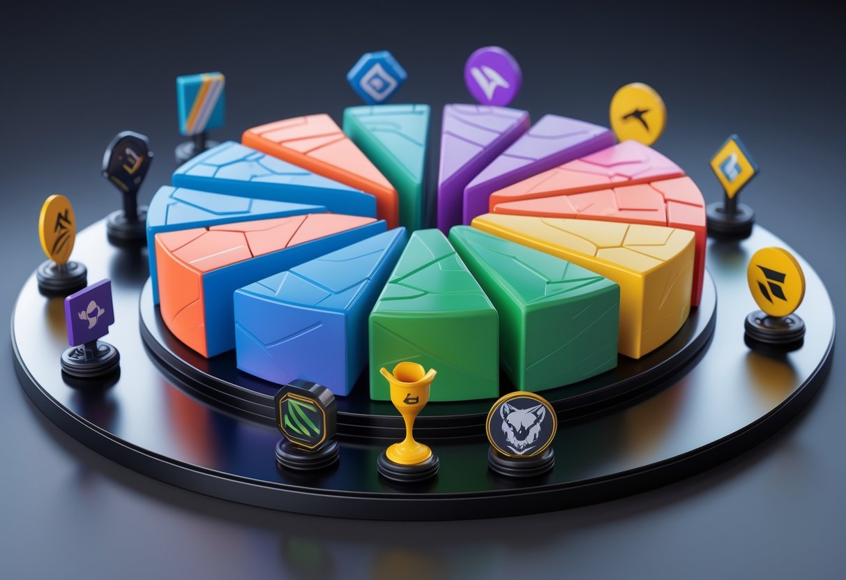 3D circular chart showing different coloured segments representing prize money distribution across various esports games, with game icons around the chart.
