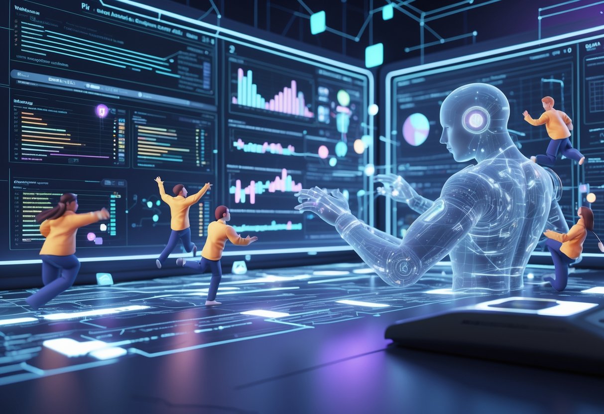 A futuristic control room with holographic displays showing player data and a transparent AI figure analysing player avatars with some glitching data points.