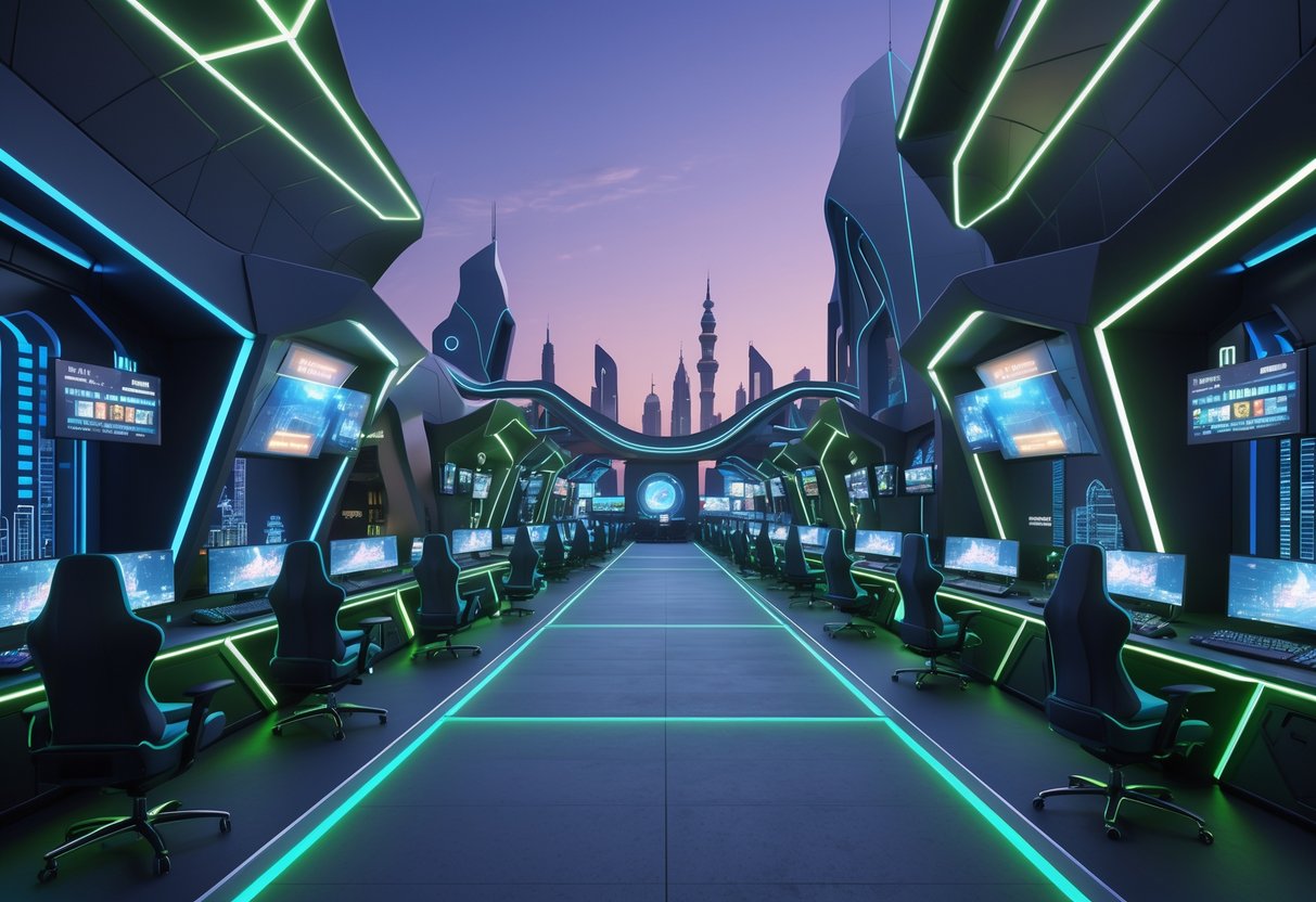 A futuristic gaming hub in Riyadh with advanced gaming stations, holographic displays, and a modern building featuring Middle Eastern architectural elements under a twilight city skyline.