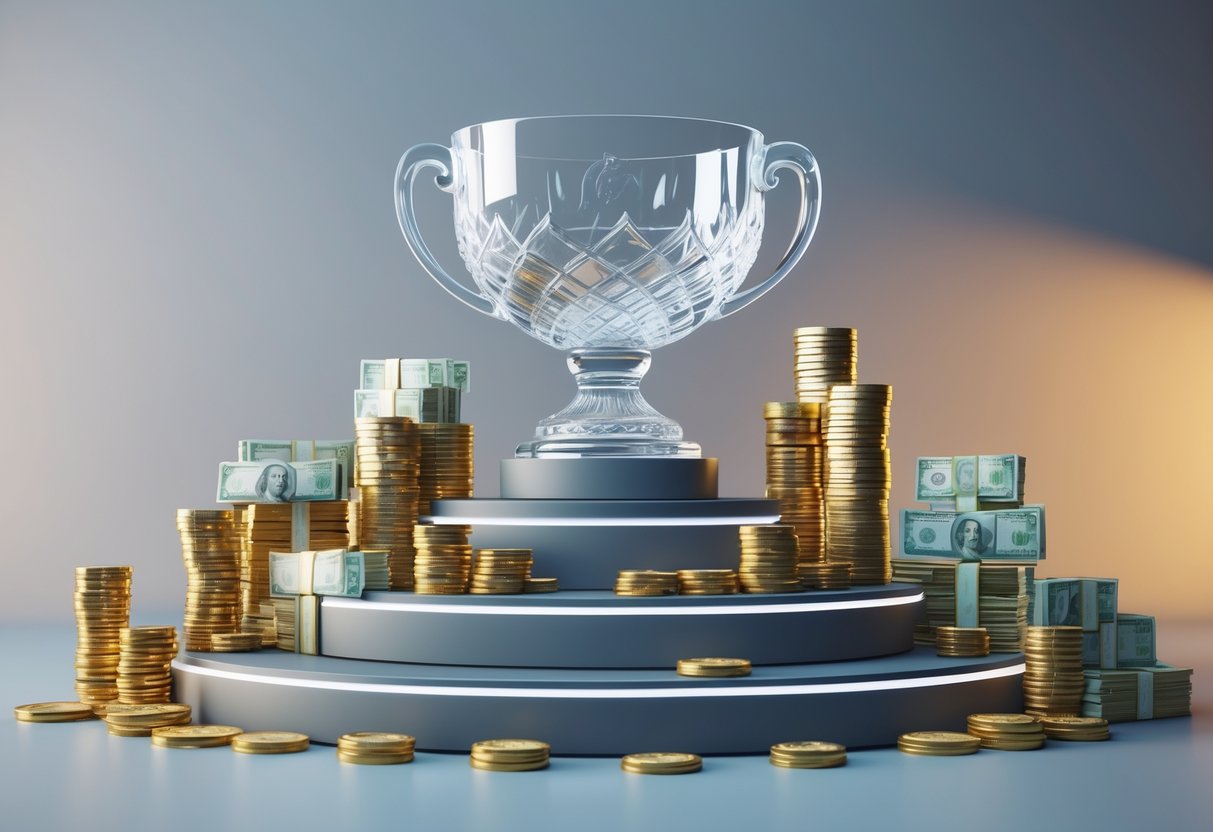 A 3D scene showing a glass trophy on a tiered podium with stacks of gold coins and cash representing prize money distribution.