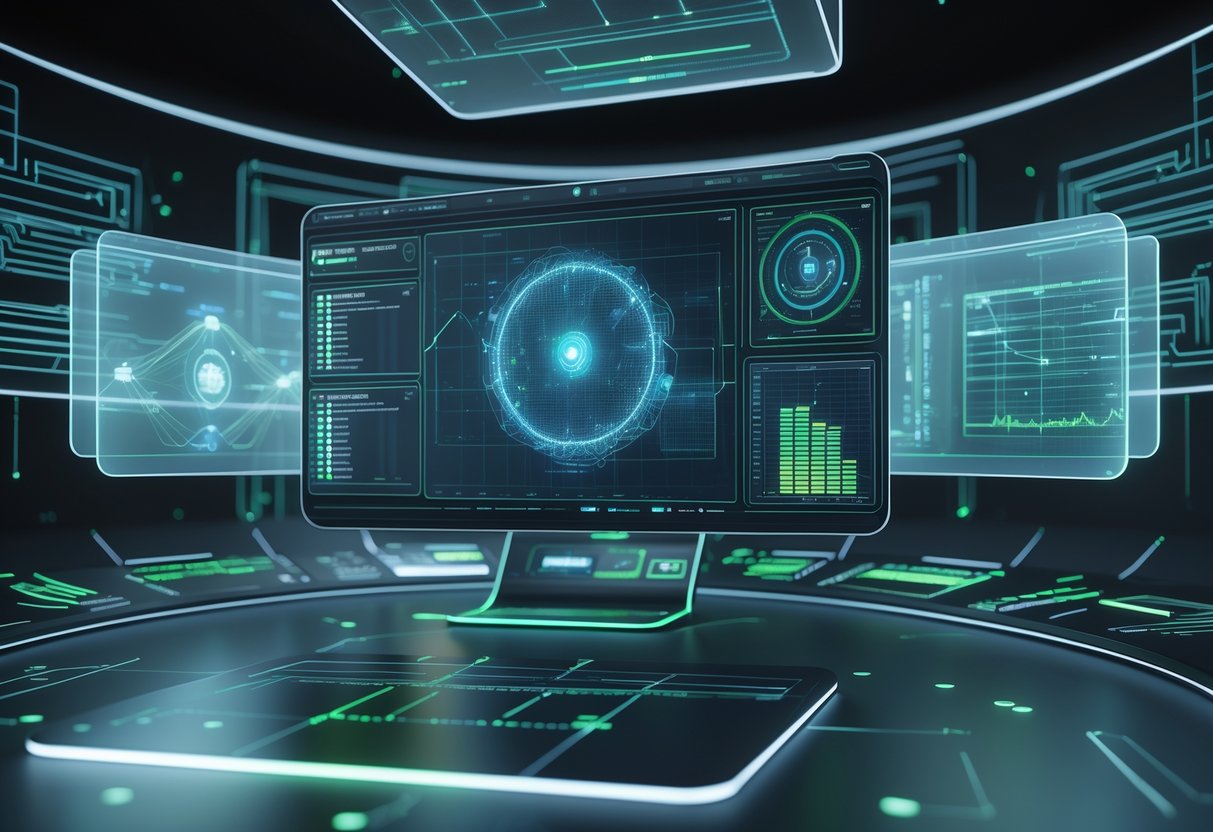 A futuristic control room with holographic screens showing data visualisations and player movement tracking in a virtual game environment.