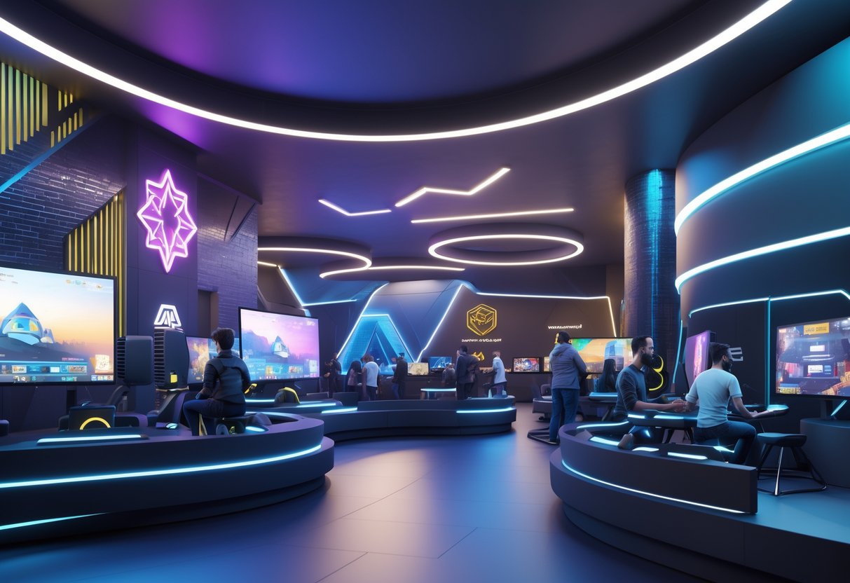 A futuristic gaming hub interior in Riyadh with people using advanced gaming equipment and virtual reality devices in a modern, culturally inspired space.