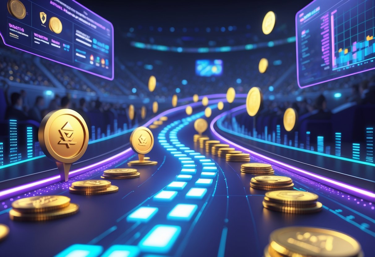 A 3D scene showing a glowing road with trophy-shaped markers leading to a digital stadium, surrounded by floating graphs and coins representing prize distribution.