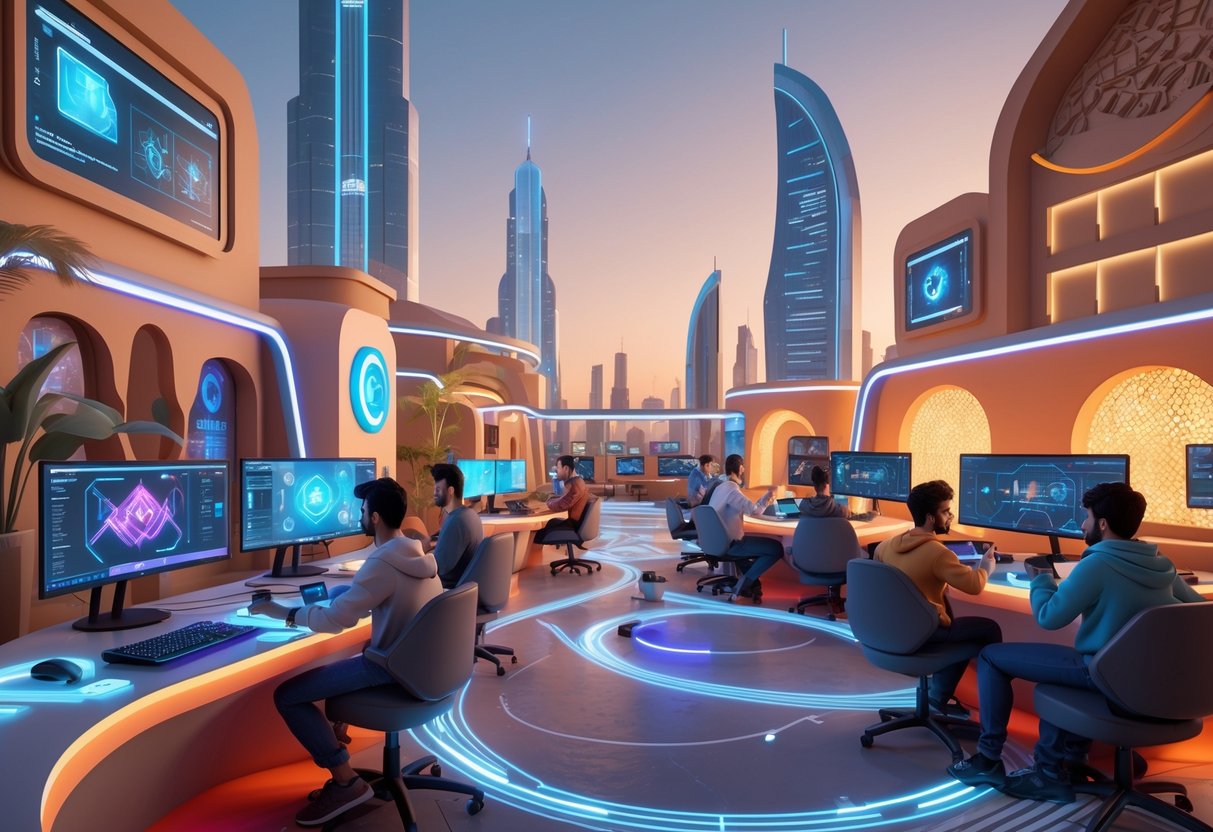 A futuristic gaming hub in Riyadh with young developers working together on advanced computer stations surrounded by modern buildings and interactive gaming areas.