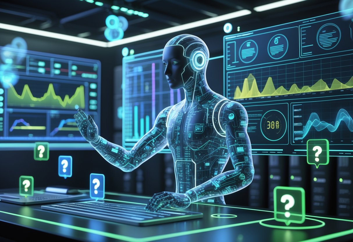 A futuristic control room with holographic screens showing data and player movement patterns, featuring a translucent AI figure analysing behaviour.