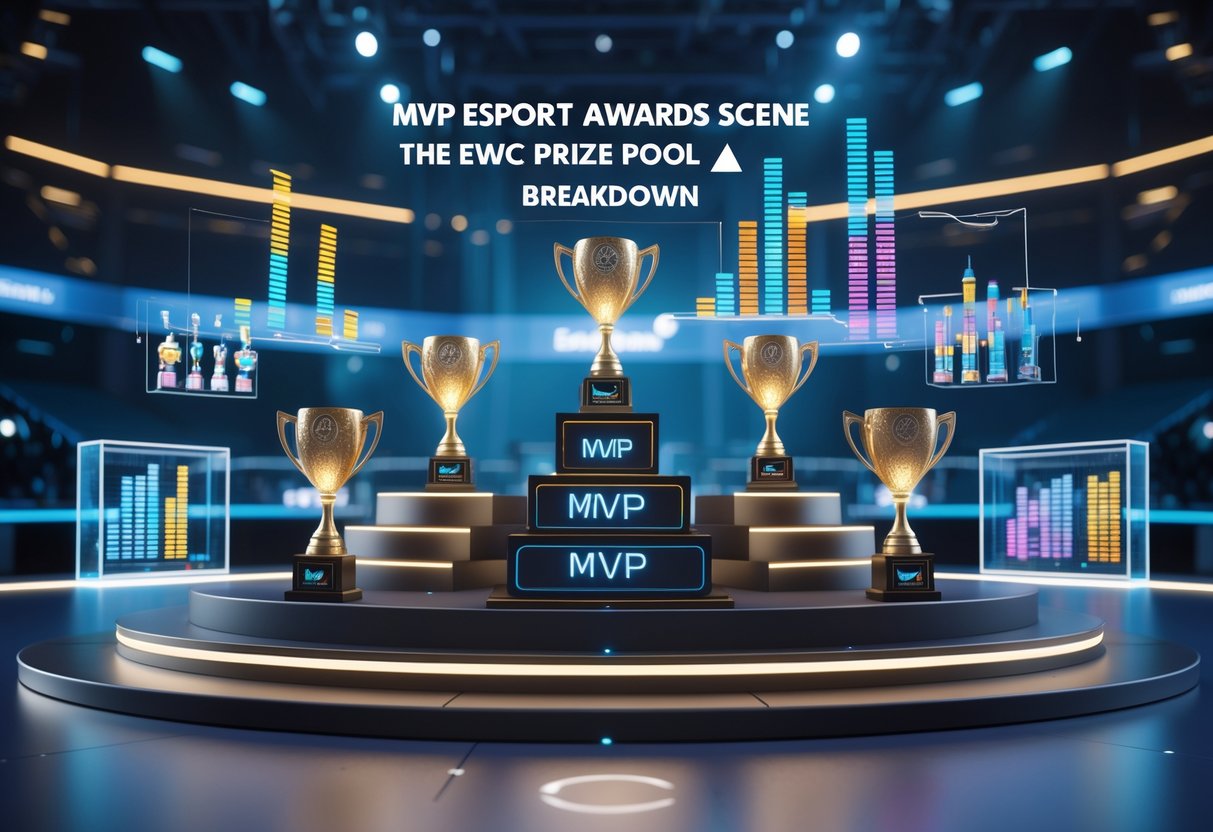 A 3D scene showing a podium with trophies and holographic charts representing esports MVP awards and prize distribution in a futuristic arena.