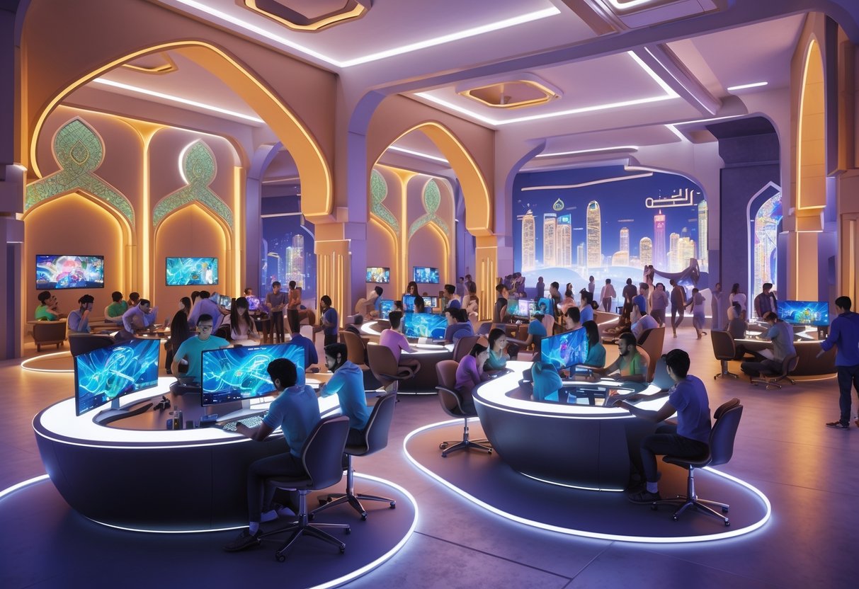 A lively indoor gaming hub in Riyadh with people playing video games and socialising, blending modern technology with traditional Arabian design elements.