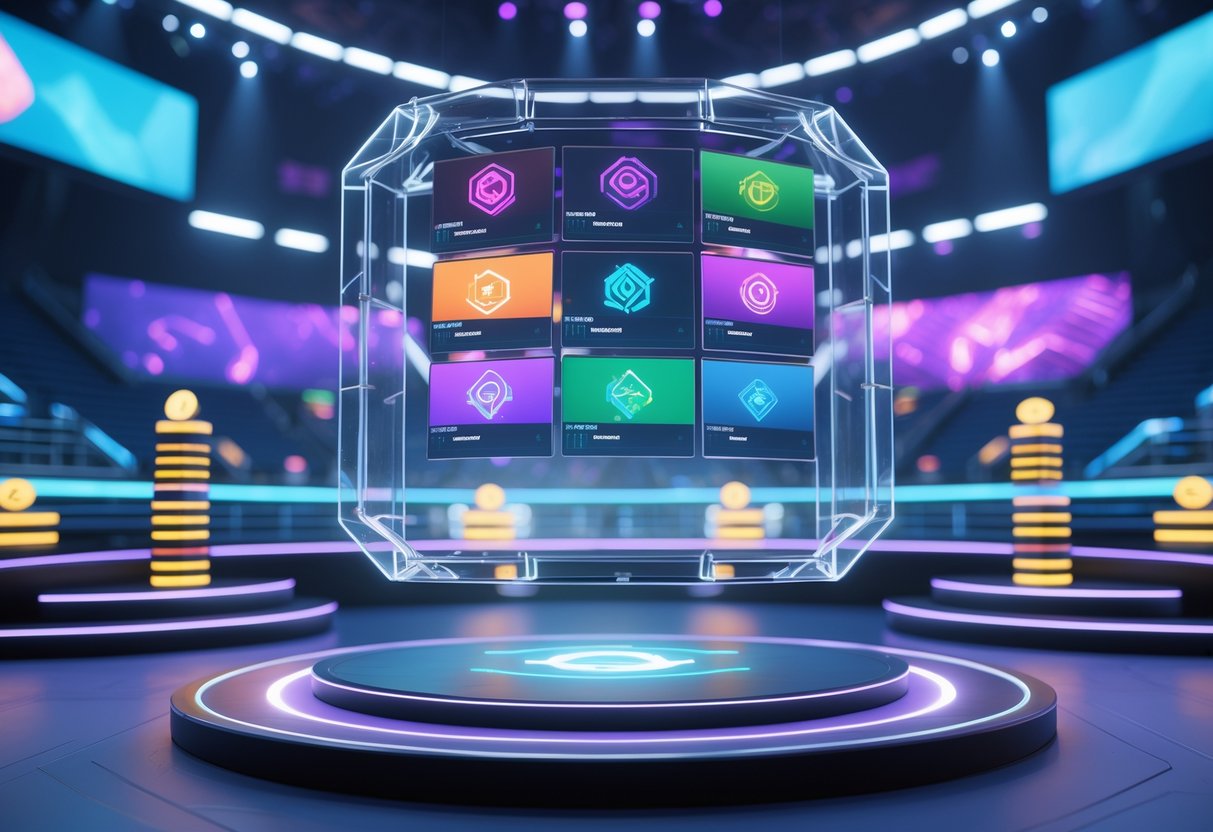 A futuristic esports arena with a floating digital display showing game highlights and colourful prize pool visuals.