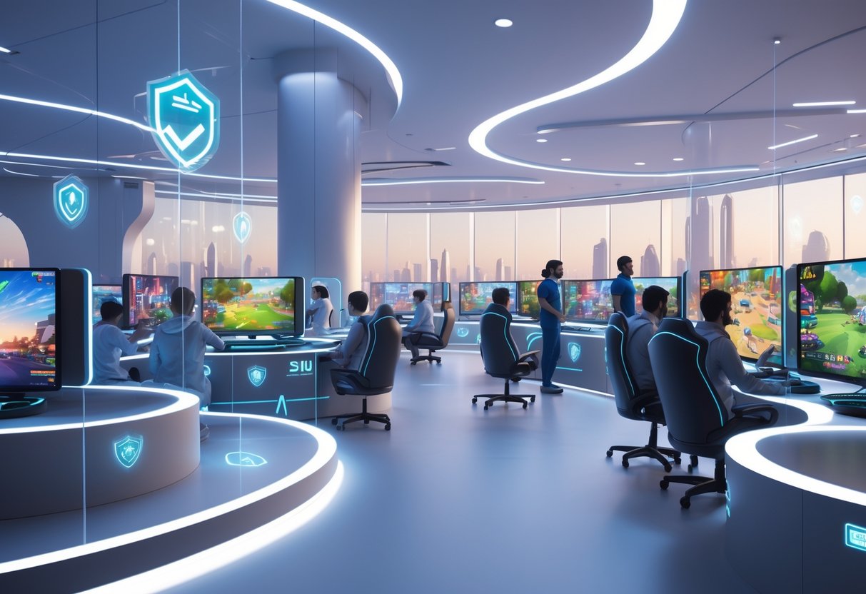 Interior of a modern gaming hub with gamers playing at stations separated by safety barriers and staff overseeing the area, with Riyadh city visible through large windows.