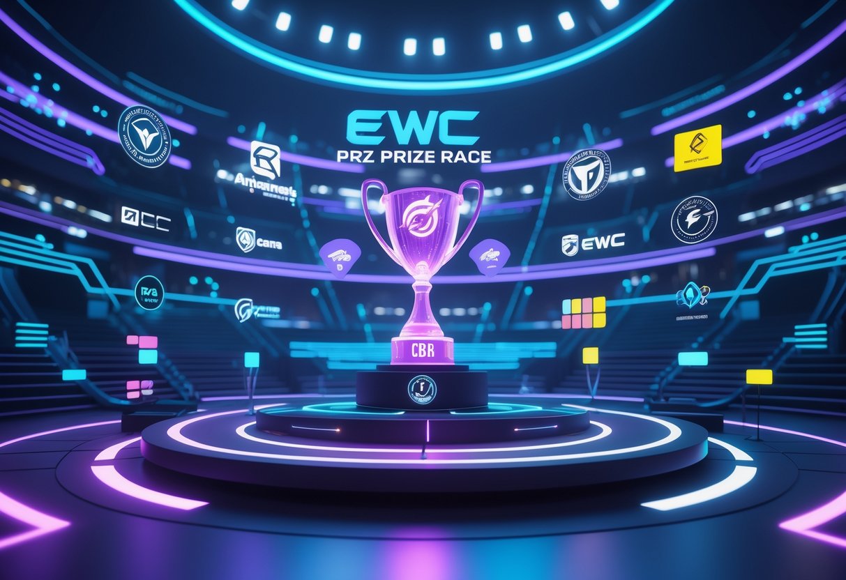 A futuristic esports arena with glowing trophies, holographic displays, and symbols representing different esports organisations competing in a prize pool race.