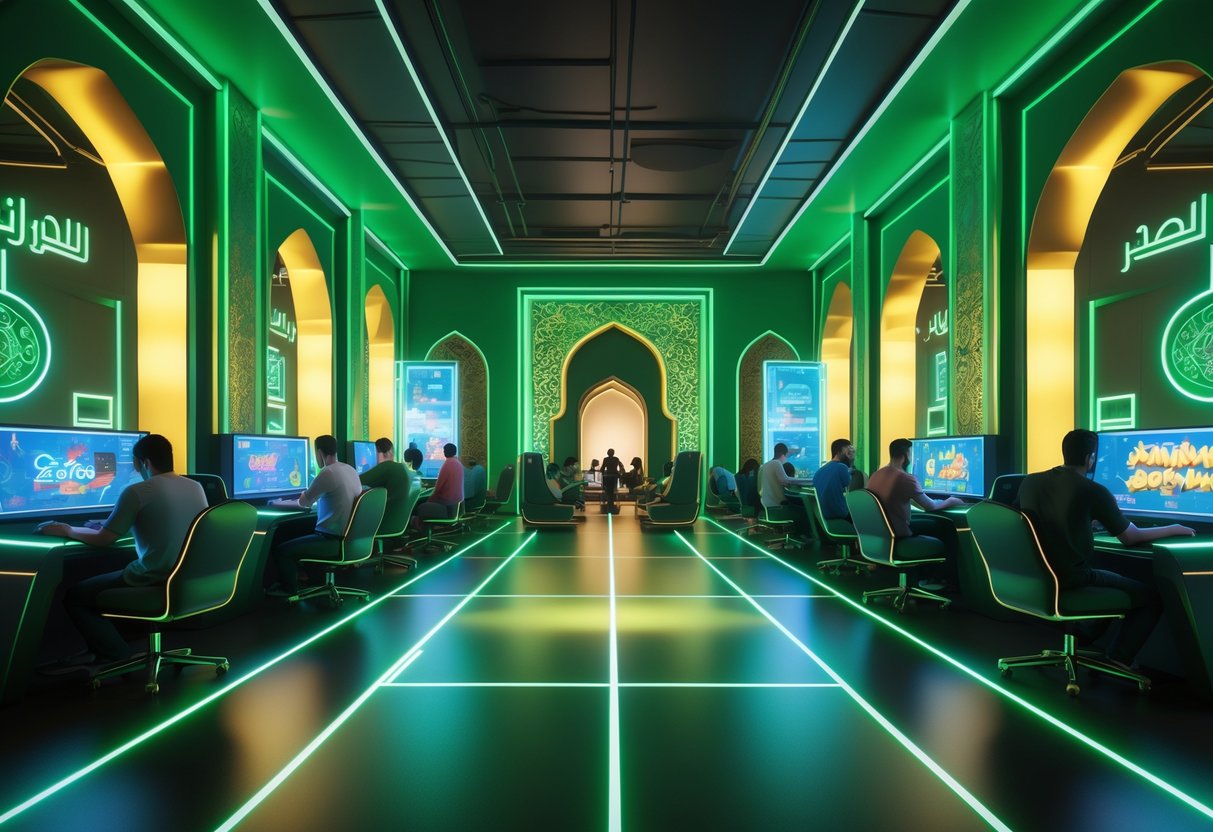 A busy gaming hub in Riyadh with players at gaming stations surrounded by futuristic lights and traditional Arabian architectural details.