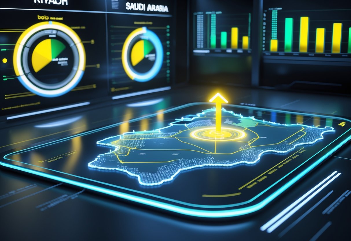 A 3D digital map highlighting Riyadh and Saudi Arabia with colourful charts representing prize pool distribution.
