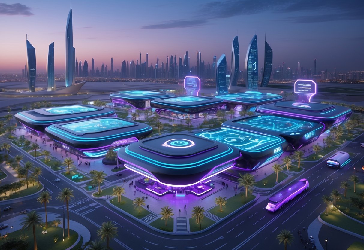 A futuristic gaming hub in Riyadh with modern buildings, neon lights, green spaces, and people interacting with advanced gaming technology.