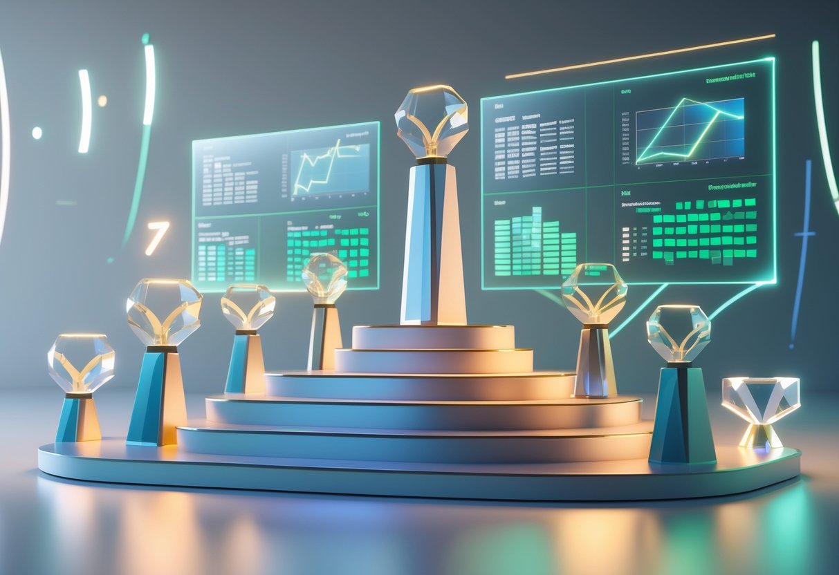 A 3D scene showing a tiered podium with various trophies and glowing holographic charts representing prize distribution for awards.