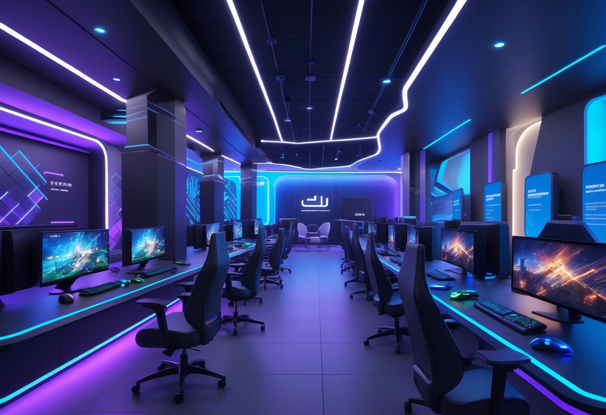 Interior of a modern gaming hub in Riyadh with gaming stations, ergonomic chairs, a lounge area, and digital kiosks in a futuristic setting.
