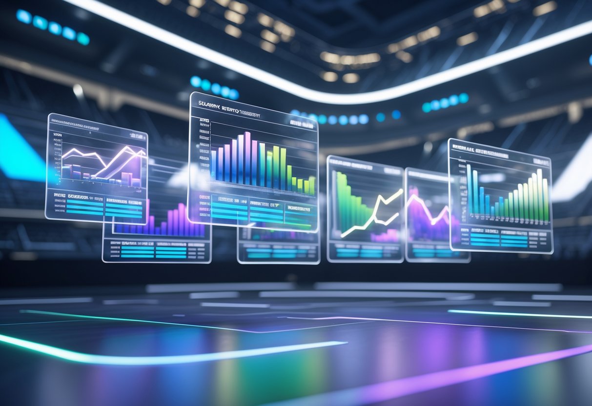 A 3D scene showing floating holographic charts comparing prize pools of different esports tournaments inside a futuristic arena.
