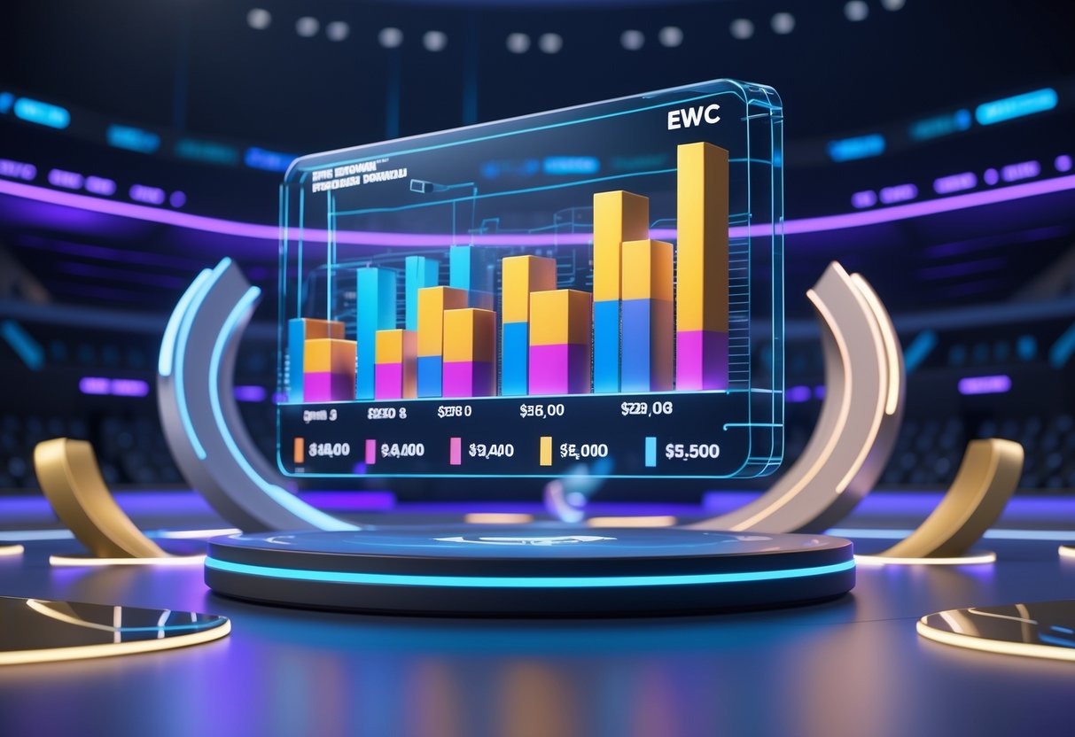 A 3D scene showing colourful floating charts and graphs representing a prize pool breakdown in a futuristic esports arena.
