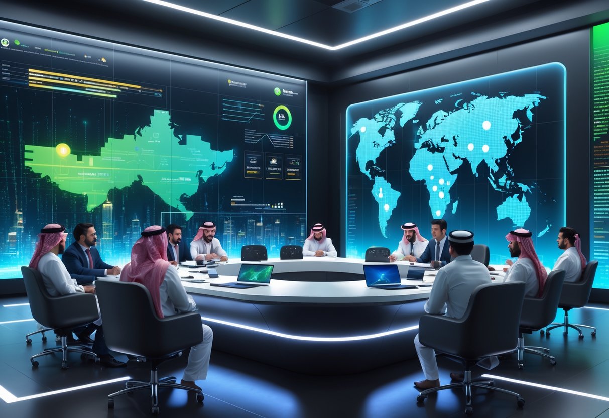 A group of professionals in a modern conference room discussing esports investment in Saudi Arabia, with digital screens showing data and a map highlighting esports hubs.