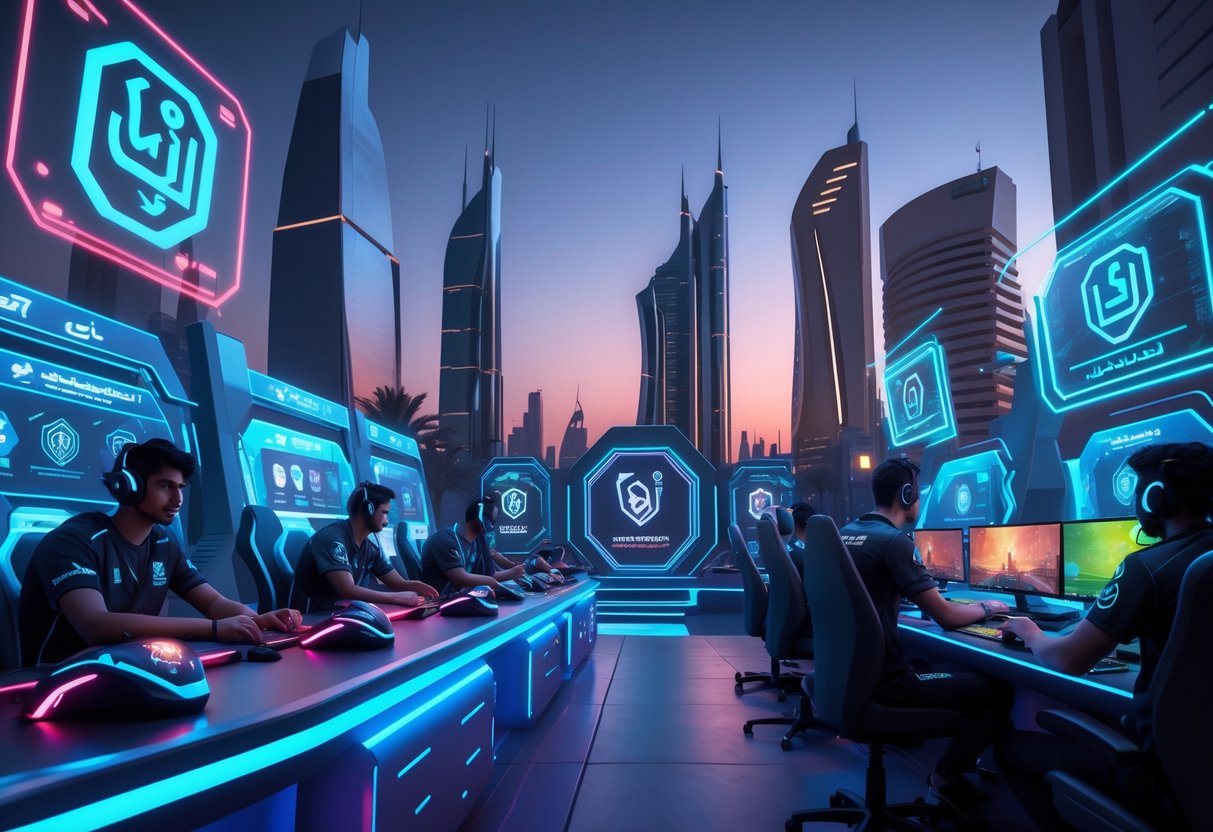A group of young Saudi esports players competing inside a futuristic gaming arena with holographic displays and a modern city skyline in the background.