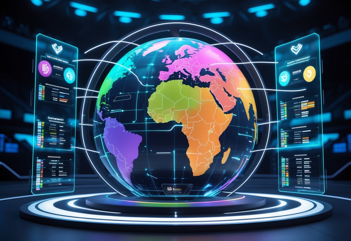 A 3D digital globe segmented into colourful regions connected by glowing lines, surrounded by holographic panels showing esports data in a dark arena setting.